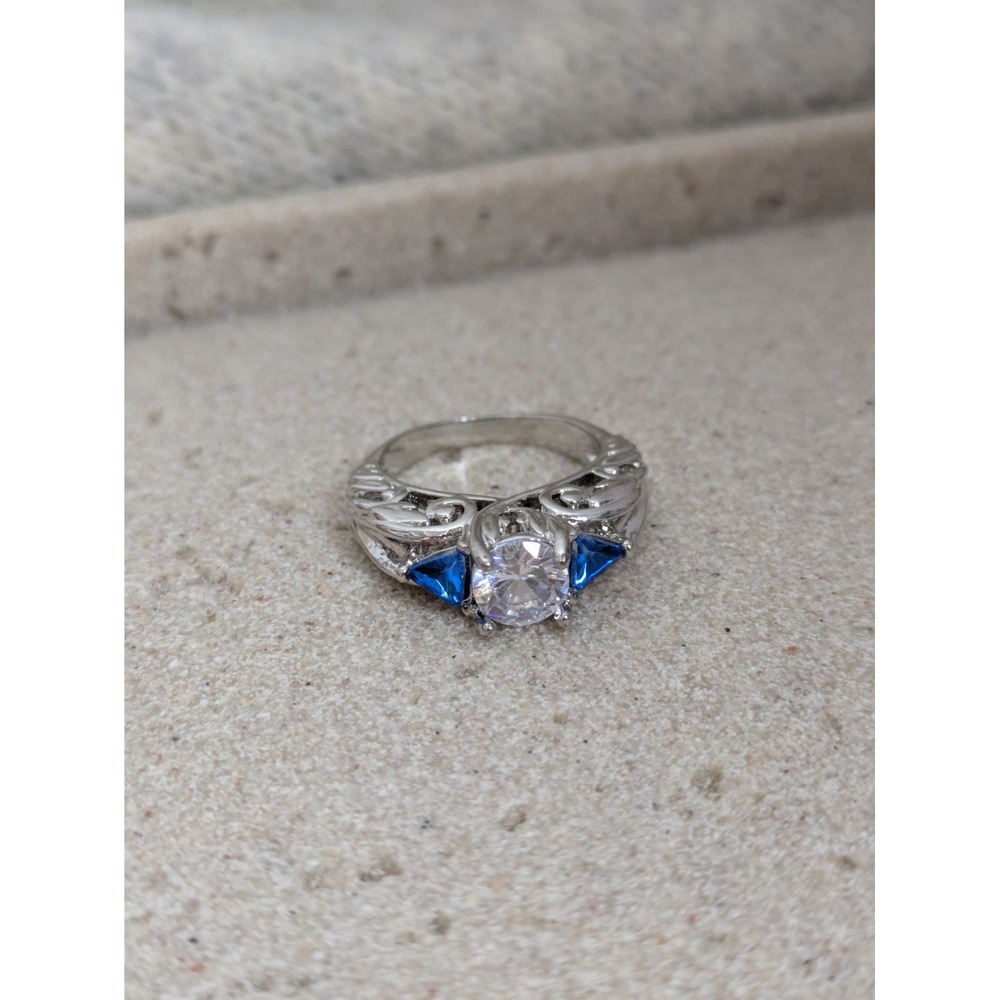 Elegant Silver Tone Ring with Blue Rhinestones Classic Size 7